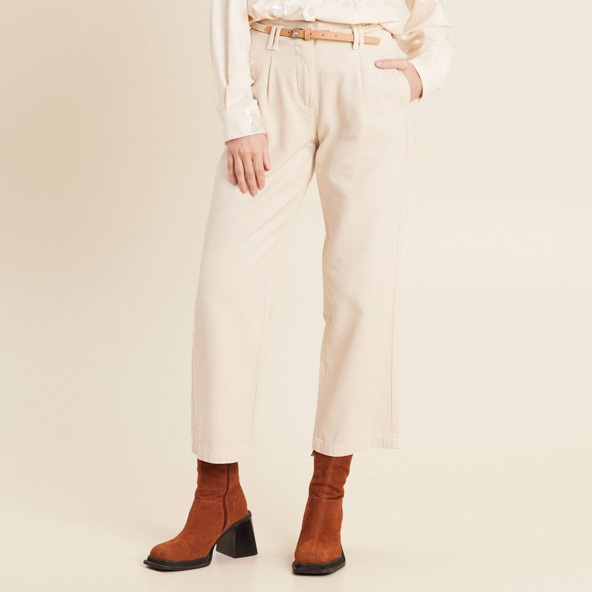 Pantalon large 7/8ème à pinces ivoire femme
