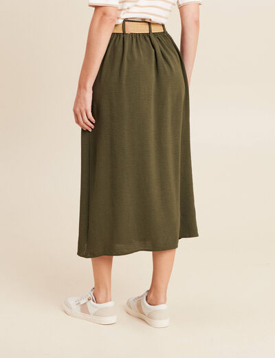 Jupe longue évasée ceinturée vert kaki femme