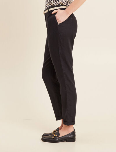 Pantalon coupe chino en lin ceintur&eacute; noir femme