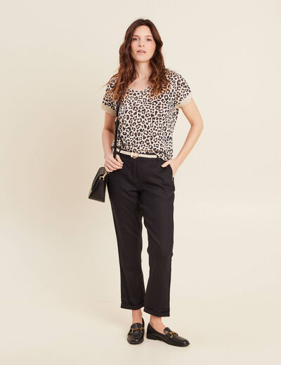 Pantalon coupe chino en lin ceintur&eacute; noir femme