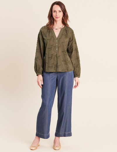 Blouse ample manches longues fluide vert kaki femme
