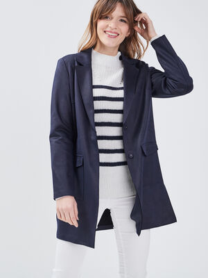 Manteau droit boutonne bleu fonce femme