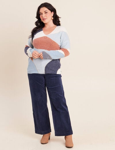 Pantalon large velours c&ocirc;tel&eacute; bleu marine femme