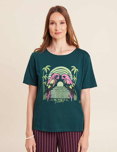 T-shirt droit col rond manches courtes vert foncé femme