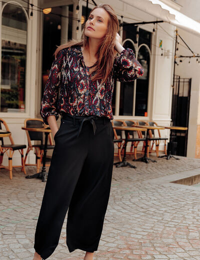 Pantalon large ceinturé noir femme