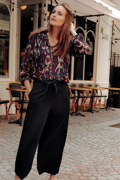 Pantalon large ceinturé noir femme
