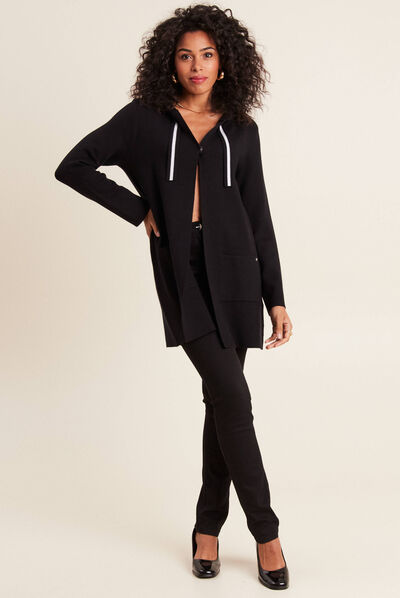 Gilet long à capuche noir femme