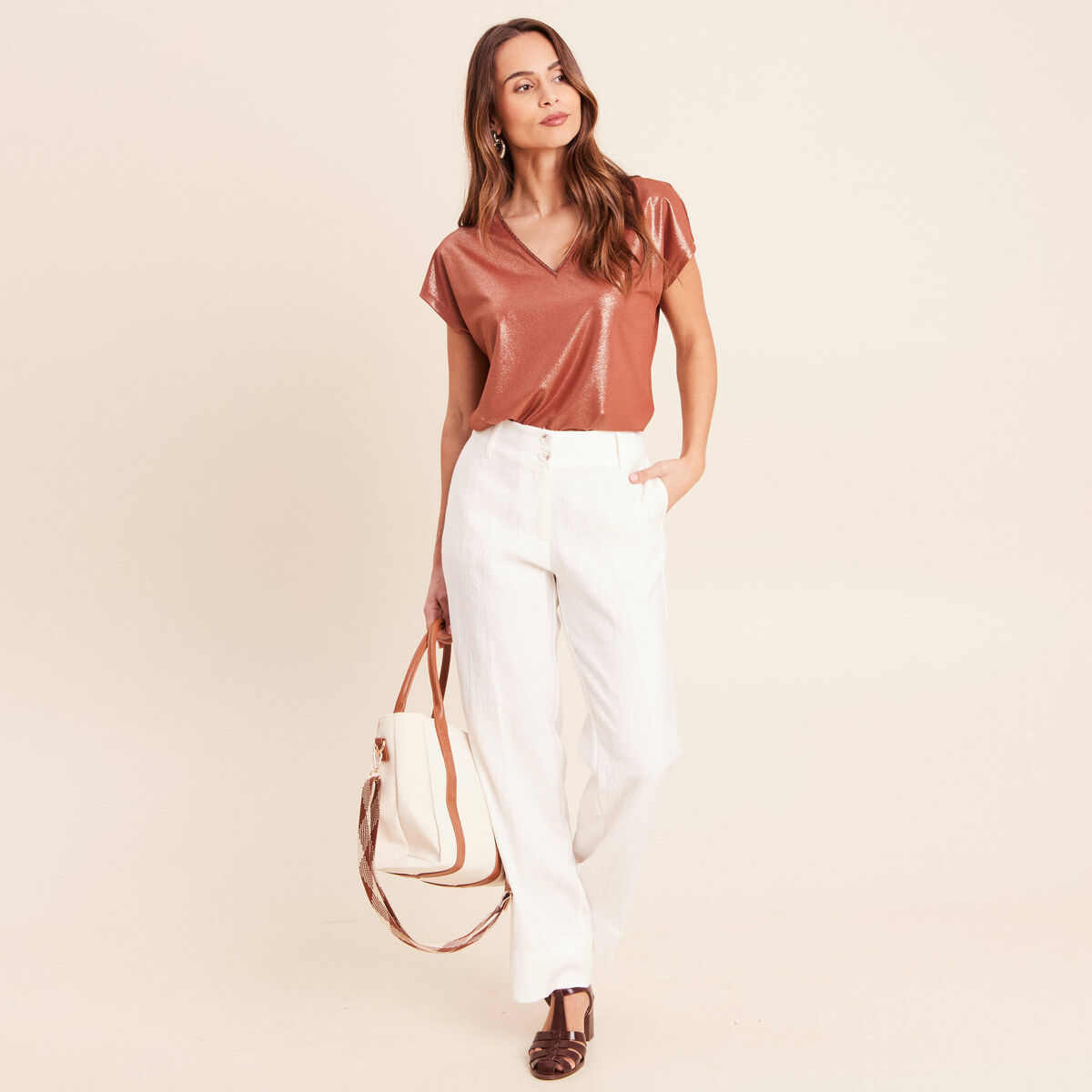 Pantalon coupe droite taille haute ecru femme