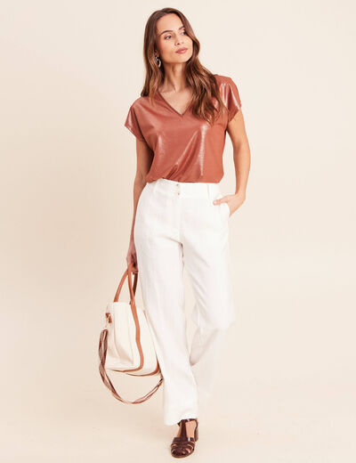 Pantalon coupe droite taille haute ecru femme