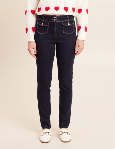 Jean ajust&eacute; taille haute longue denim brut femme