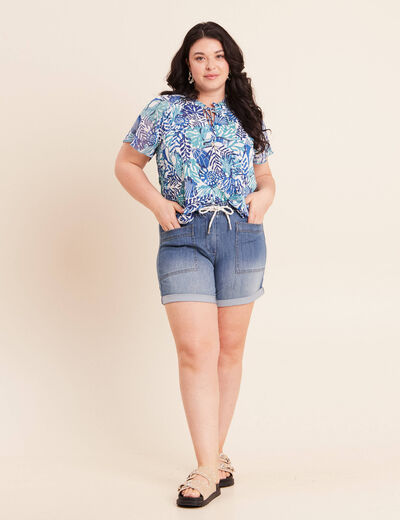 T-shirt col tunisien manches courtes bleu femme