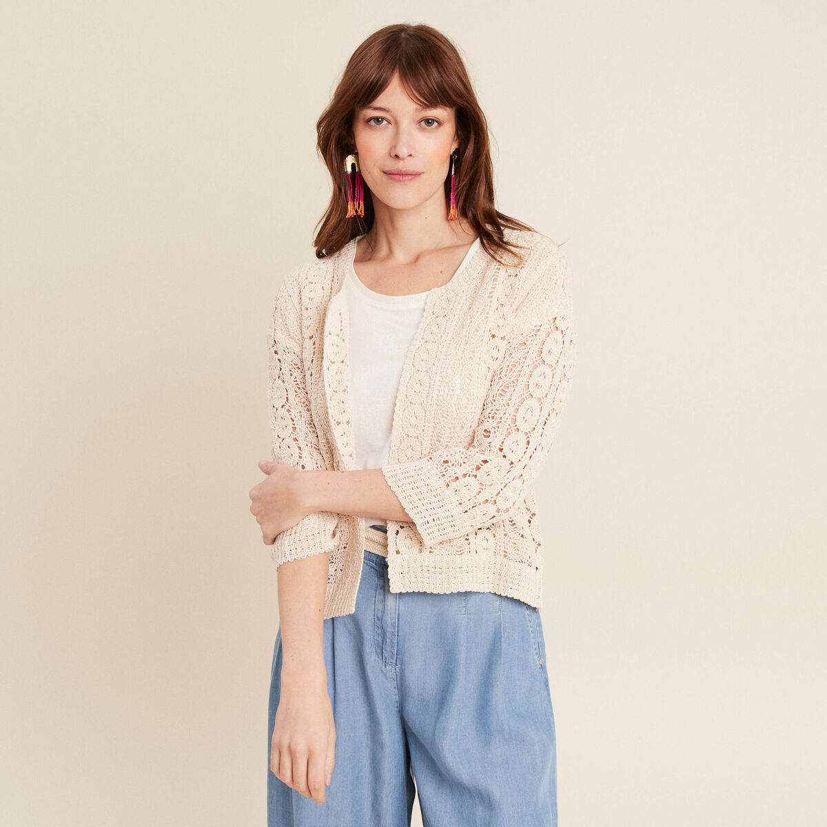 Gilet manches 3/4 ajour&eacute; ecru femme