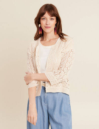 Gilet manches 3/4 ajour&eacute; ecru femme