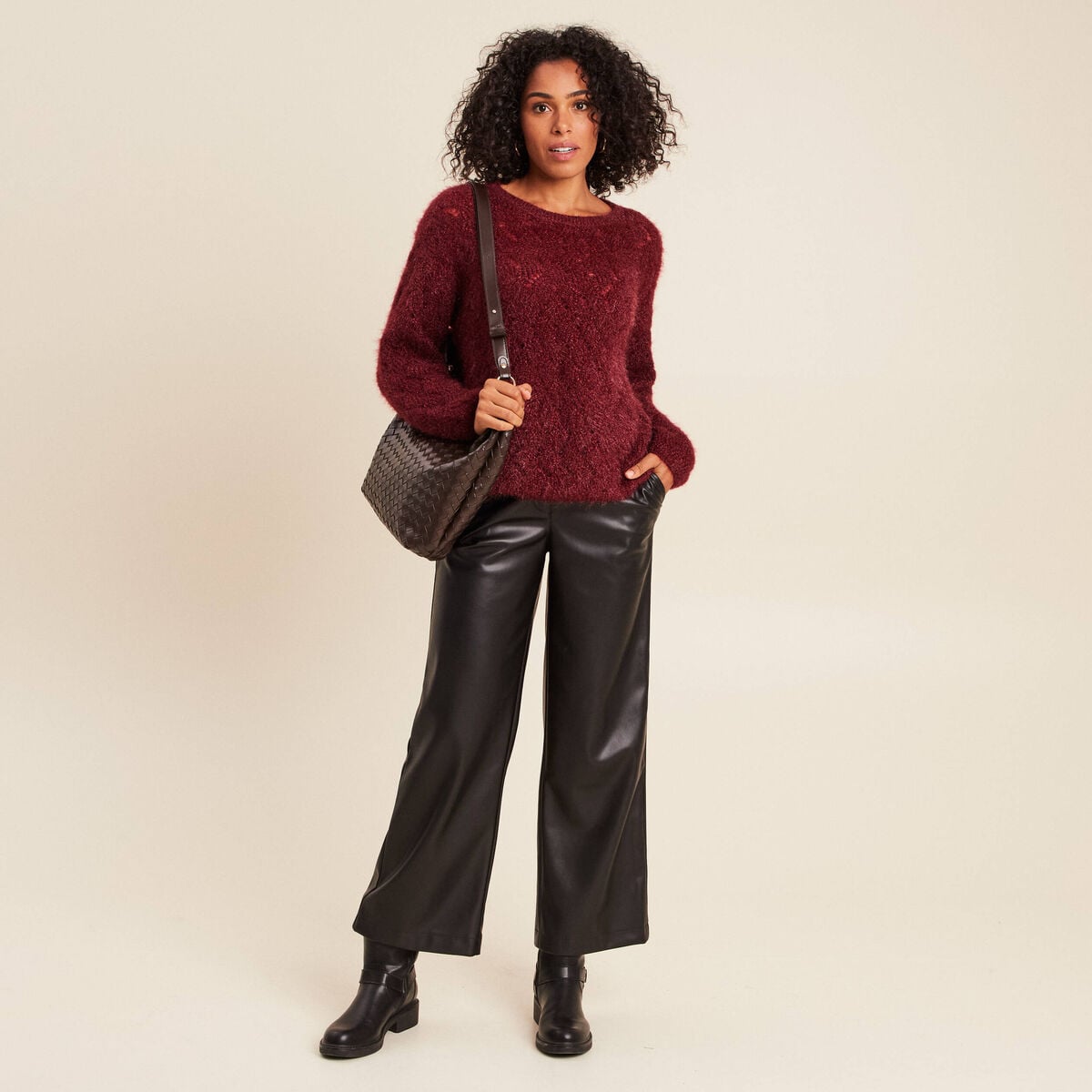 Pull manches longues ajour&eacute; bordeaux femme