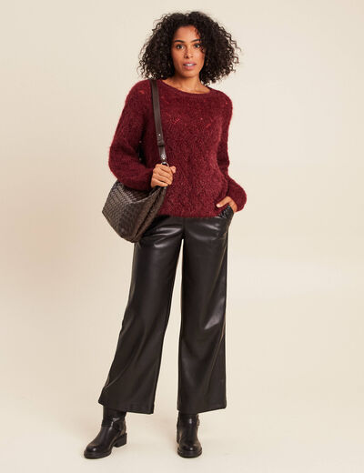 Pull manches longues ajour&eacute; bordeaux femme