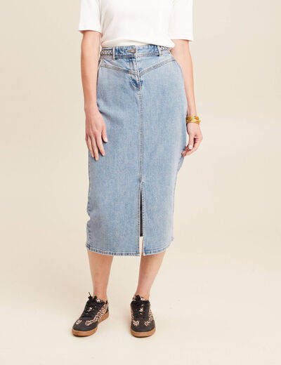 Jupe longue droite taille haute en jean denim double stone femme