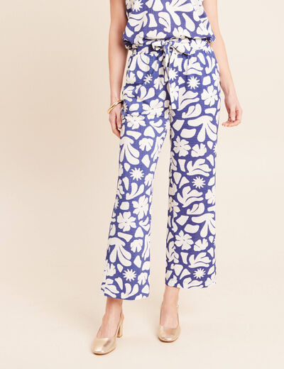 Pantalon coupe large 7/8&egrave;me taille haute bleu femme