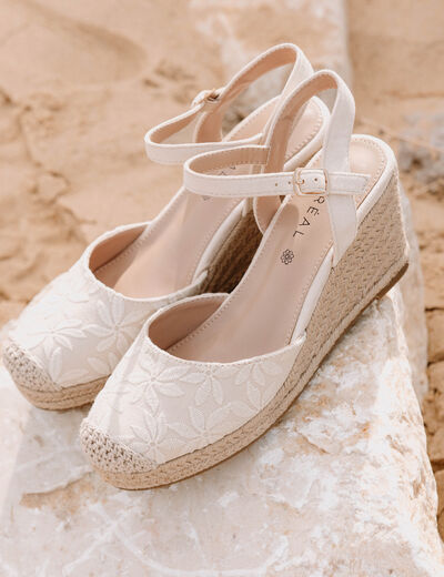 Espadrille compens&eacute;e aspect dentelle ivoire femme