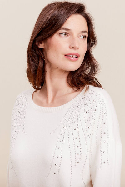 Pull manches longues strass ecru femme