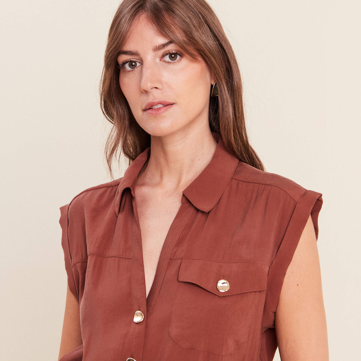 Robe droite col chemise manches courtes marron femme
