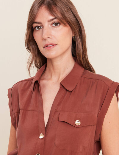 Robe droite col chemise manches courtes marron femme