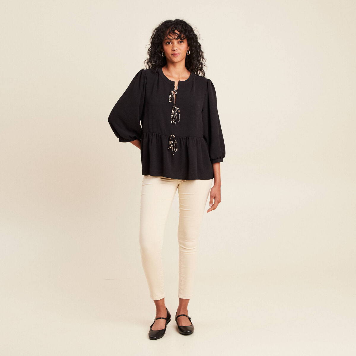 blouse ample col rond manches 3/4 noir femme