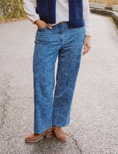 Jean droit 7/8&egrave;me taille bascul&eacute;e denim stone femme
