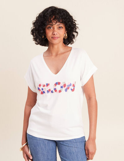 T-shirt col v manches courtes ecru femme