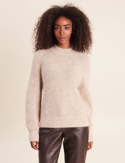 Pull droit col montant manches longues beige femme