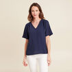 Blouse col V manches courtes bleu marine femme