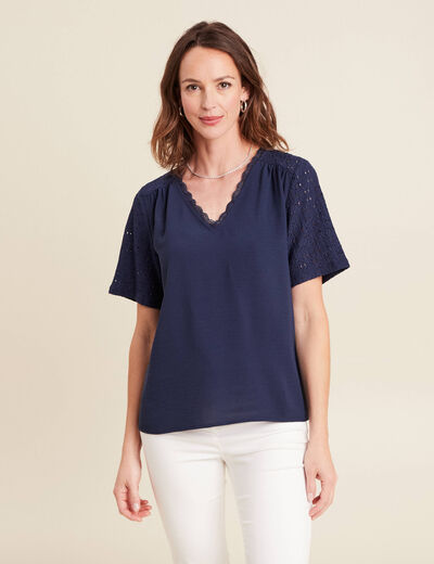 Blouse col V manches courtes bleu marine femme