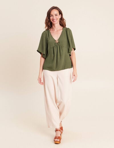 Blouse ample col v manches courtes vert kaki femme