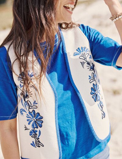 Gilet sans manches brodé tressé ecru femme