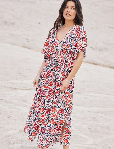 Robe longue évasée col en V blanc femme