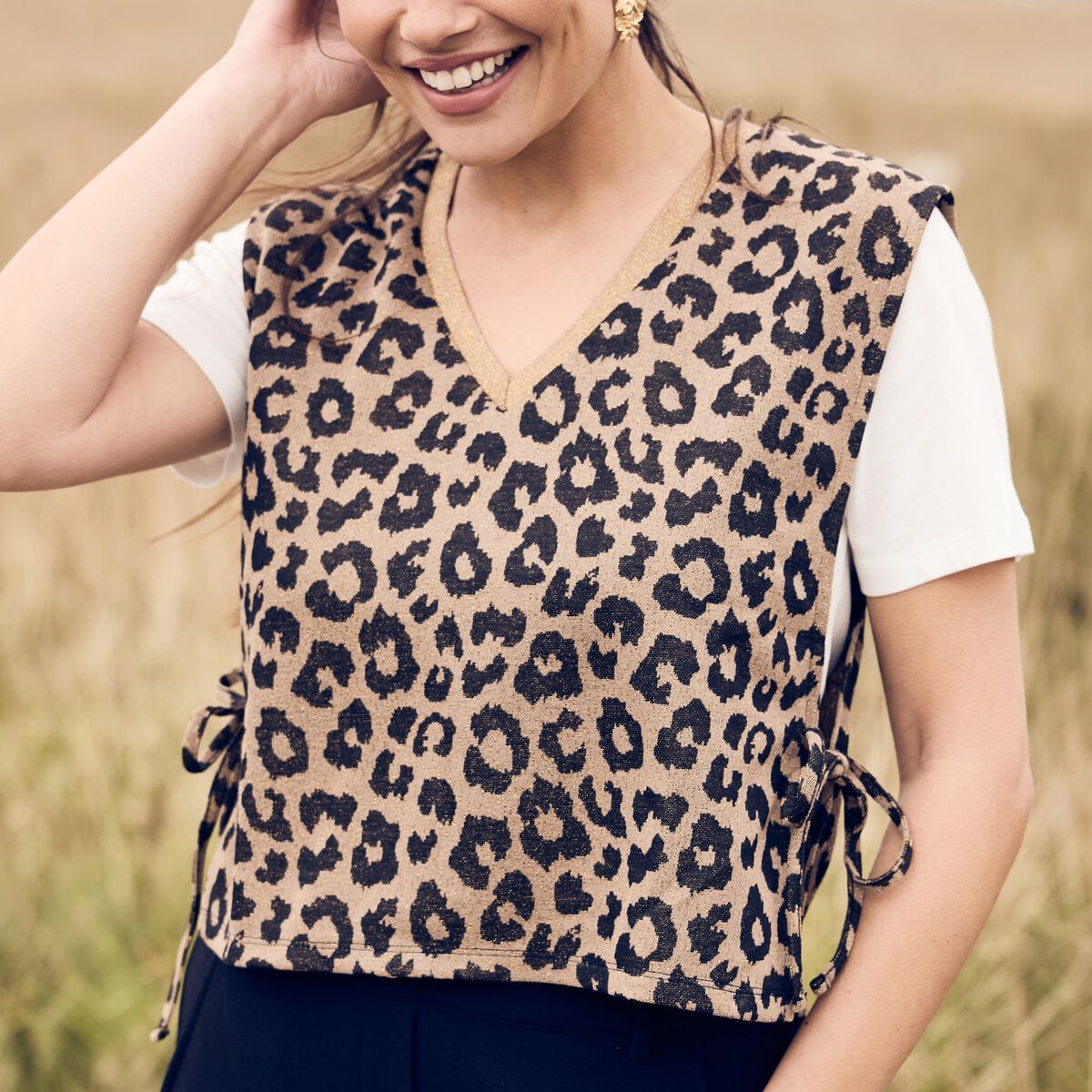Pull 2 en 1 manches courtes marron femme