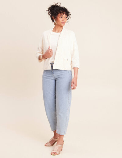 Veste brod&eacute;e bas resserr&eacute; manches 3/4 ecru femme