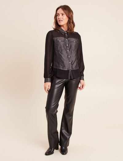 Chemise bi-mati&egrave;re manches longues denim gris femme