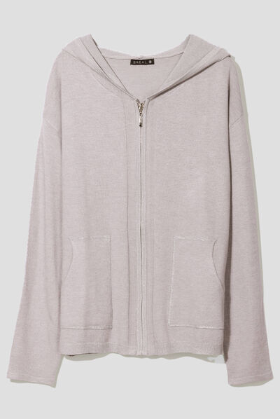 Gilet manches longues à capuche gris clair femme
