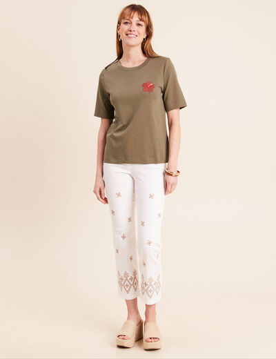 T-shirt col rond manches courtes vert kaki femme