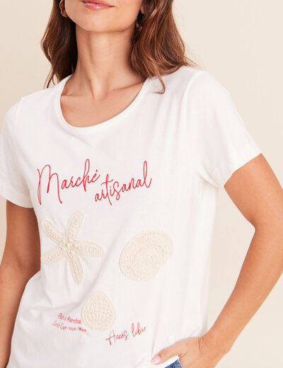 T-shirt col rond manches courtes ecru femme