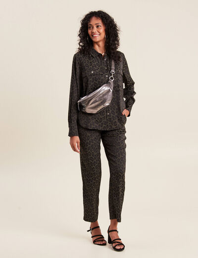 Pantalon flou taille bascul&eacute;e vert kaki femme