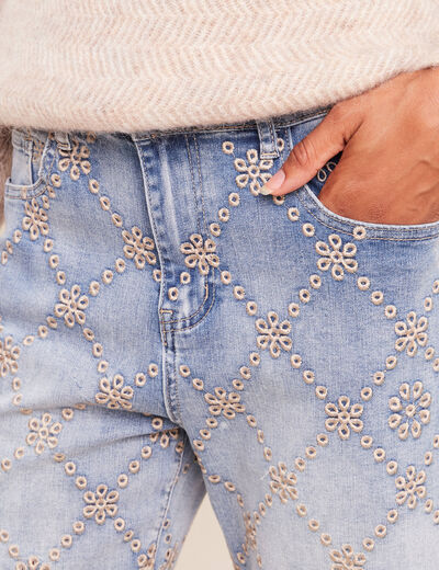Jean taille haute avec broderie blanc femme