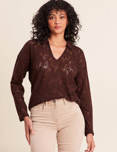 Polo manches 3/4 aspect dentelle marron fonc&eacute; femme