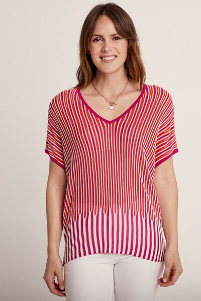 Pull manches courtes col en V rose fushia femme