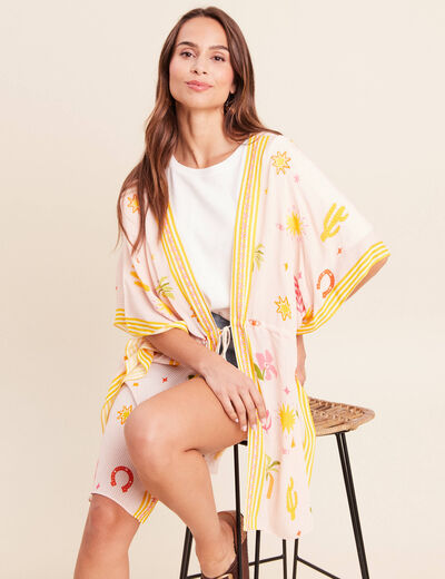 Kimono col v manches courtes brod&eacute; multicolore femme