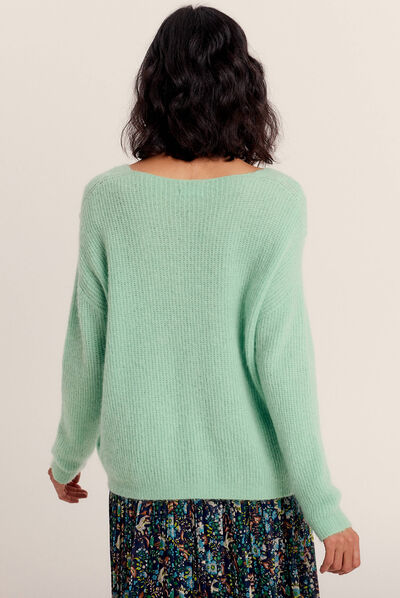Pull manches longues col en V vert fluo femme