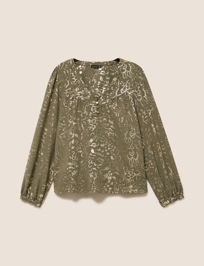 Blouse ample col v manches longues vert kaki femme