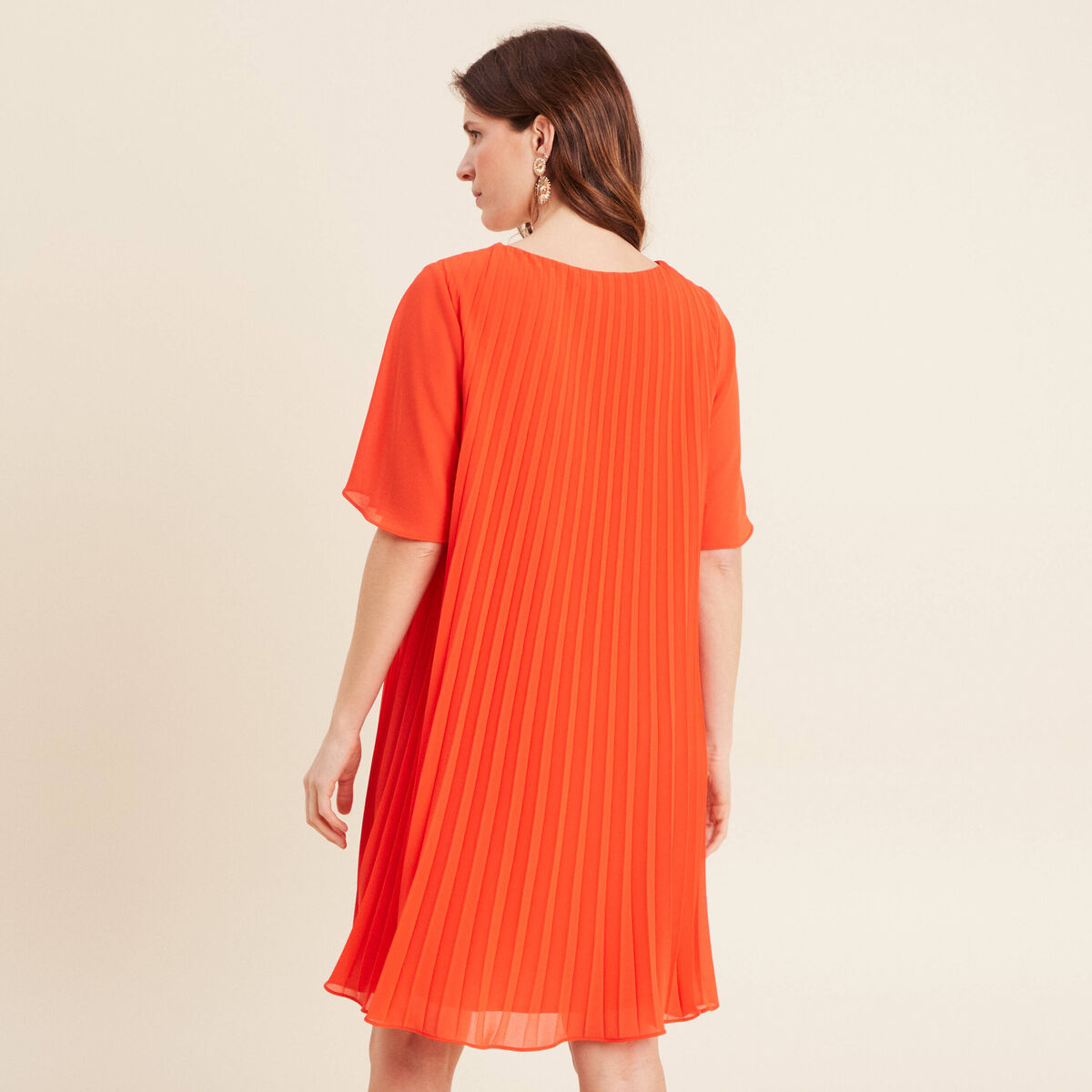 Robe droite plissée orange foncé femme