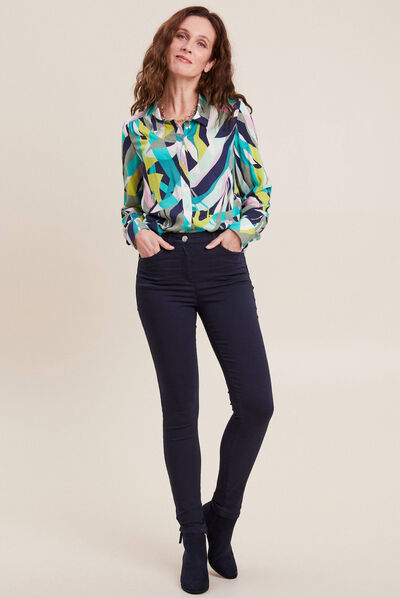 Pantalon léger taille haute long bleu marine femme