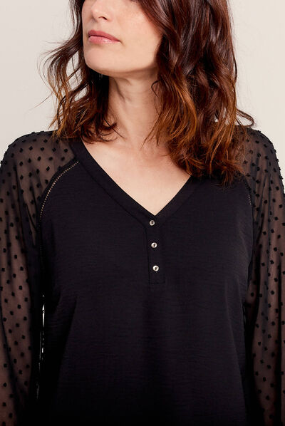 Blouse manches plumetis noir femme